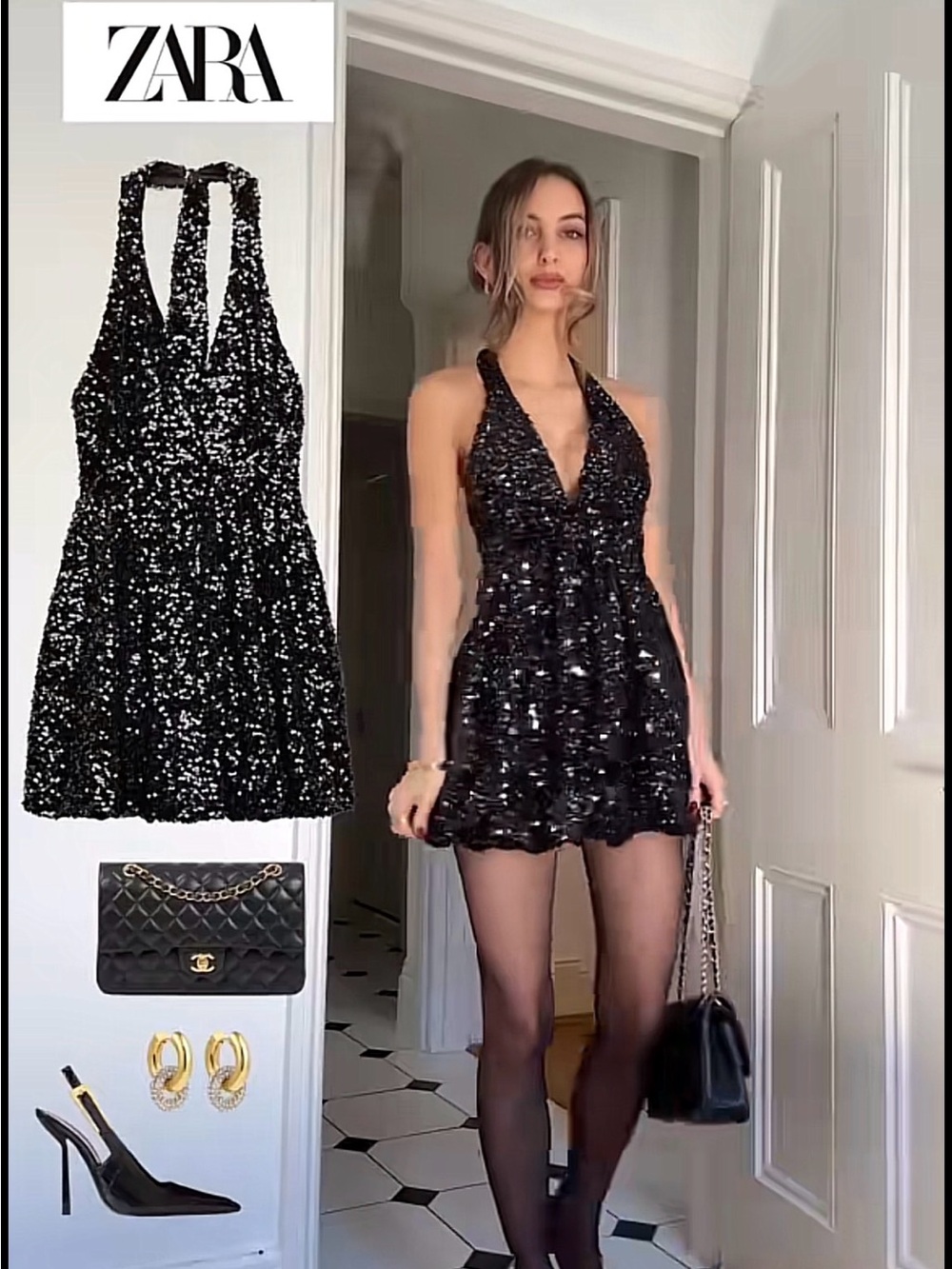 ZARA Black Sequin Halter Mini Dress